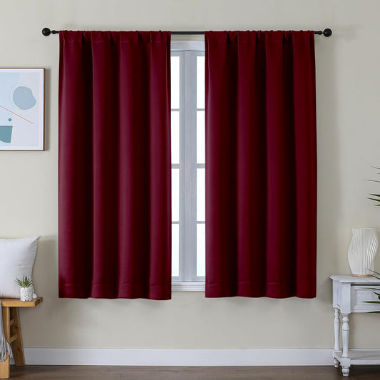 Simplebrand Ava Burgundy Short Blackout Curtains for Bedroom 54 Inches Long 2 Panels Set, Solid Thermal Insulated, Energy Saving Window Treatment Curtains Blackout Drapes, W40 x L54 Inch, Burgundy
