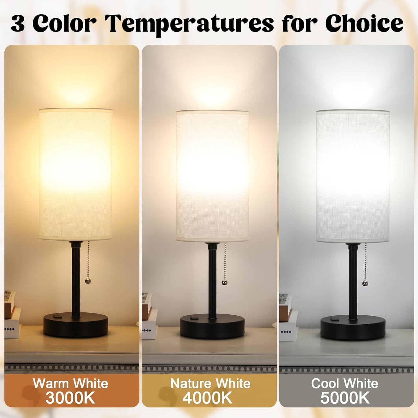 17.4Inches White Bedside Lamp for Bedroom Nightstand - Tall Lamp with USB A + C Charging Port & AC Outlet, 3 Color Temperatures Pull Chain, Side Desk Reading Light for Living Room