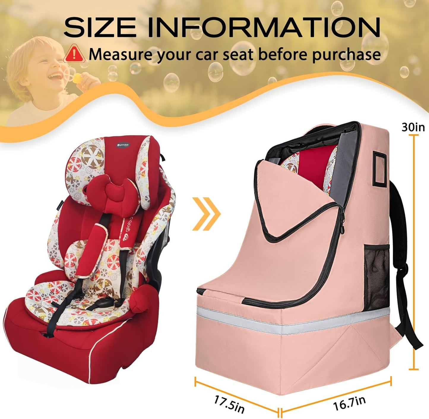 Car Seat Travel Bag for Airplane,Infant Seat Travel Bag with Shoulder Strap,Padded Car Seats Backpack with Reflective Stripes,Large Carseat Carrier Bag Travel Car Seat Cover,Flesh Pink