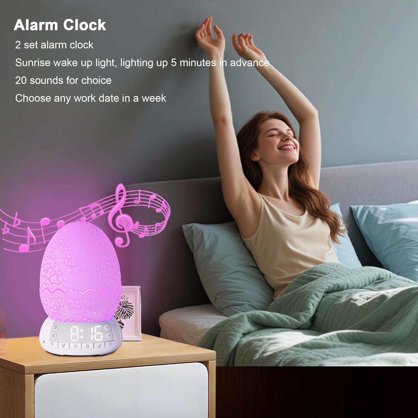 Upgraded Dinosaur Egg Alarm Clock/Digital Clock/Night Light/Music & White Noise Aid Sleep Machine/Bluetooth Speaker, Decor Ideal & Unique Lamp for Bedroom/Living Room, Gifts for Kids