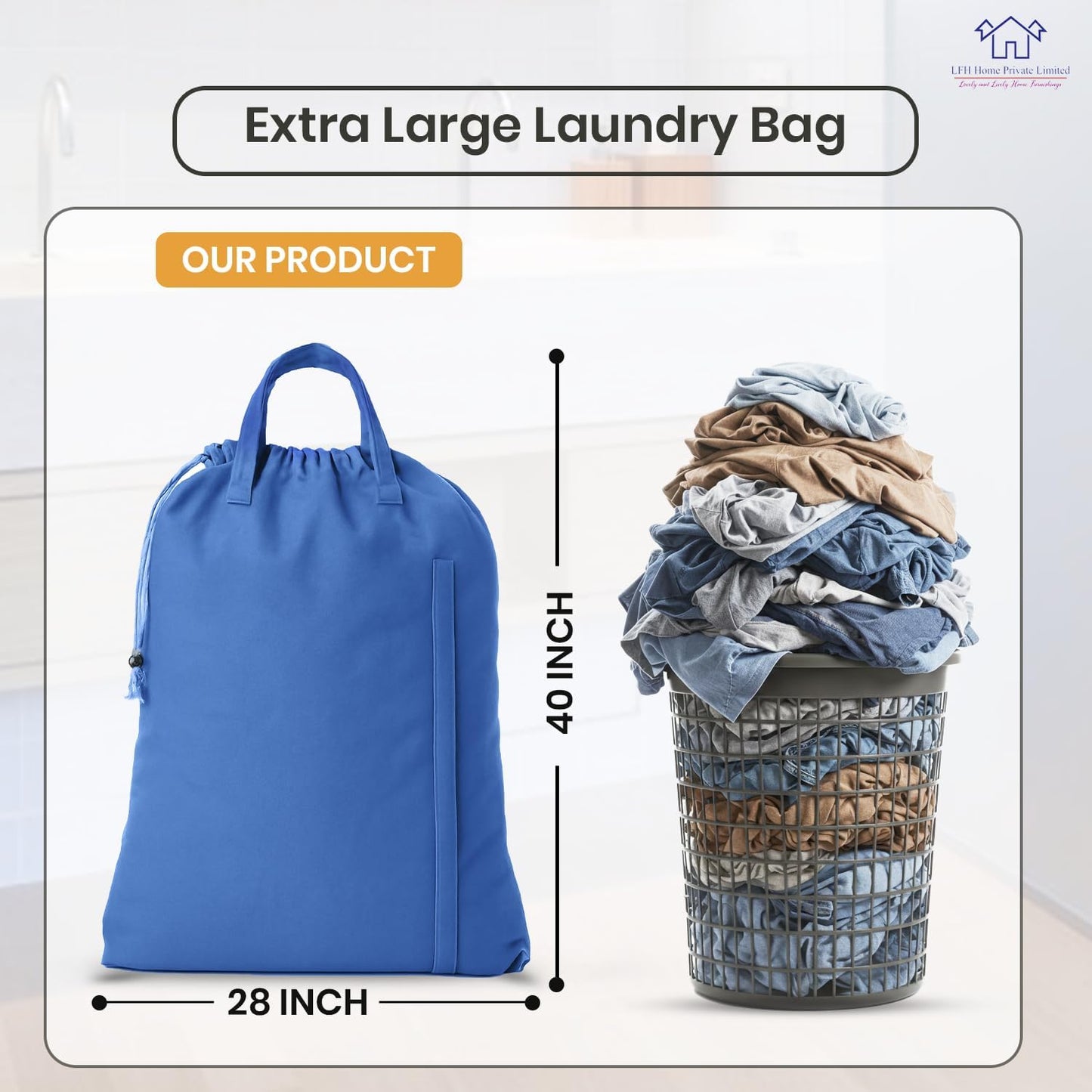 LFH Home Cotton Canvas Large Laundry Bag with Handle, Heavy Duty Drawstring Closure Washable Laundry Bags, School Travel, Home, Hotel, College Dorm, Organizer Sack, Toys Clothes 28x40-Sky Blue