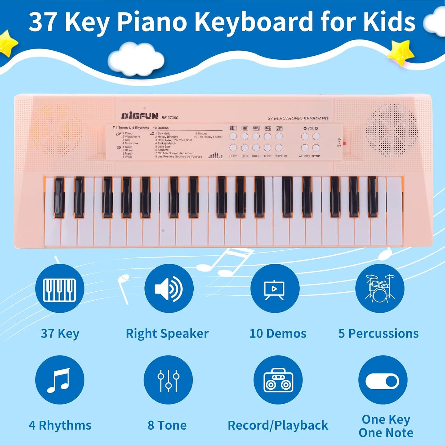 Kids Piano Keyboard, 37 Keys Portable Music Keyboard Early Learning Educational Electronic Music Piano Instrument Toys for 3 4 5 6 Year Old Boys and Girls (Pink)