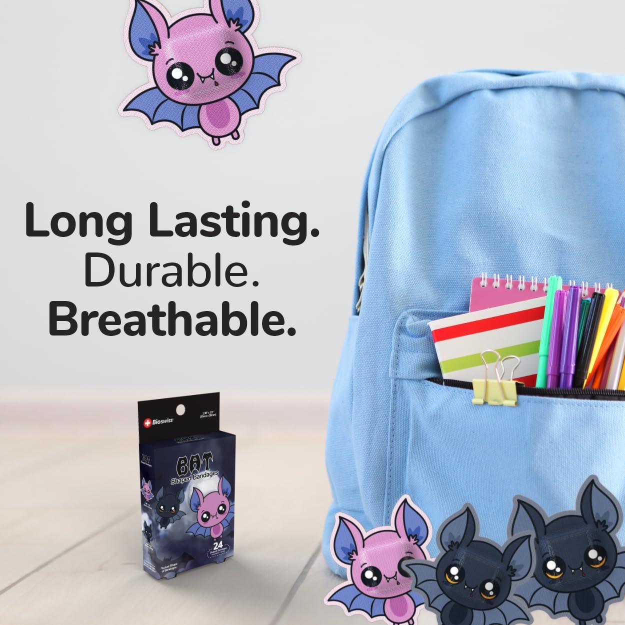 BioSwiss Bandages, Halloween Bat Shaped Self Adhesive Bandage, Latex Free Sterile Wound Care, Fun First Aid Kit Supplies for Kids, 24 Count