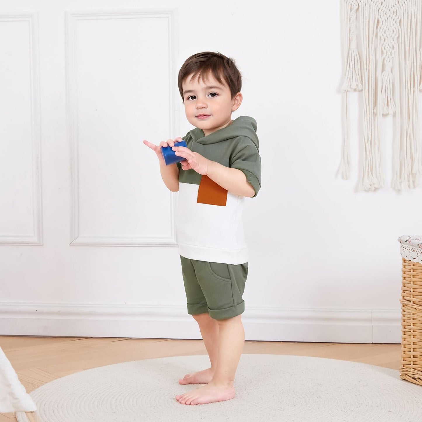 Toddler Baby Boy Summer Hooded Outfit Contrast Color Short Sleeve T Shirt Top Elastic Shorts Summer Clothes Set