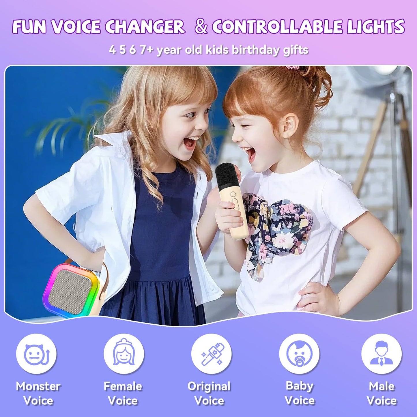【2025 Newest】 Mini Karaoke Machine for Kids Girls & Boys - Portable Bluetooth Speaker with 2 Wireless Microphones - Kids Birthday Gifts for Ages 4-10 - Kids' Instrument Accessories - Beige
