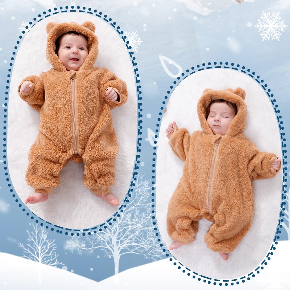 Newborn Baby Bear Outfit Suit Girls Boys Fleece Jumpsuit Romper Hooded Winter Snowsuit Clothes