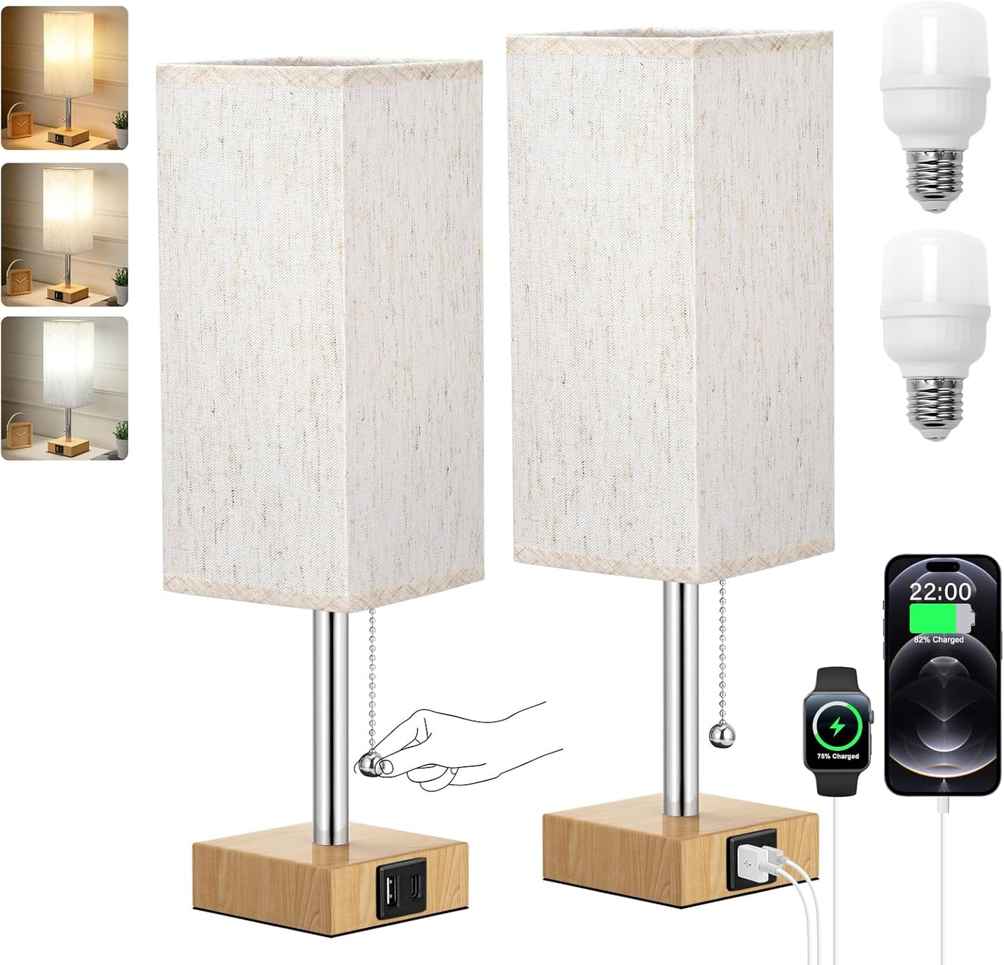 Wood Grain Bedside Table Lamps Set of 2 - Bedroom Lamps with 3 Color Temperatures (3000K/5000K/4000K), Square Nightstand Lamp with USB C + A Charging Ports