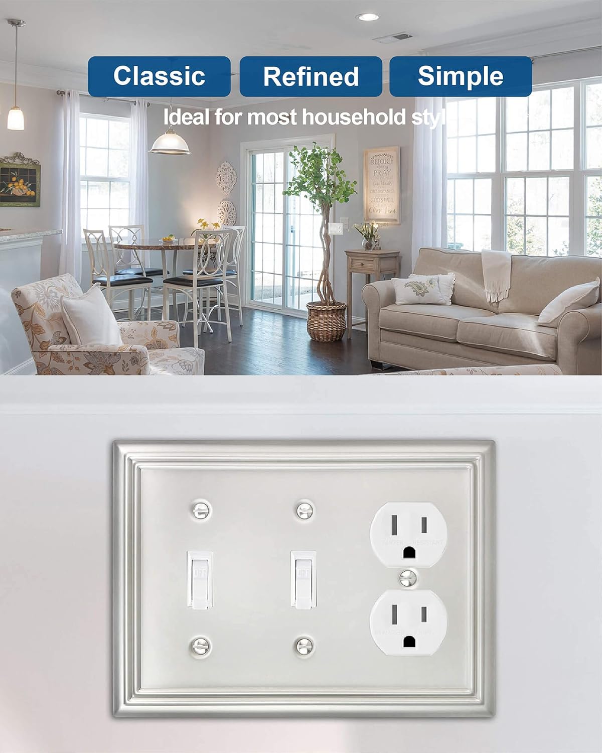 2-Pack Combination Toggle/Duplex Wall Plate, Faceplates for Light Switch, Receptacle Outlet, Dimmer Switch, Satin Nickel, 6.77''*4.88'', Midsize