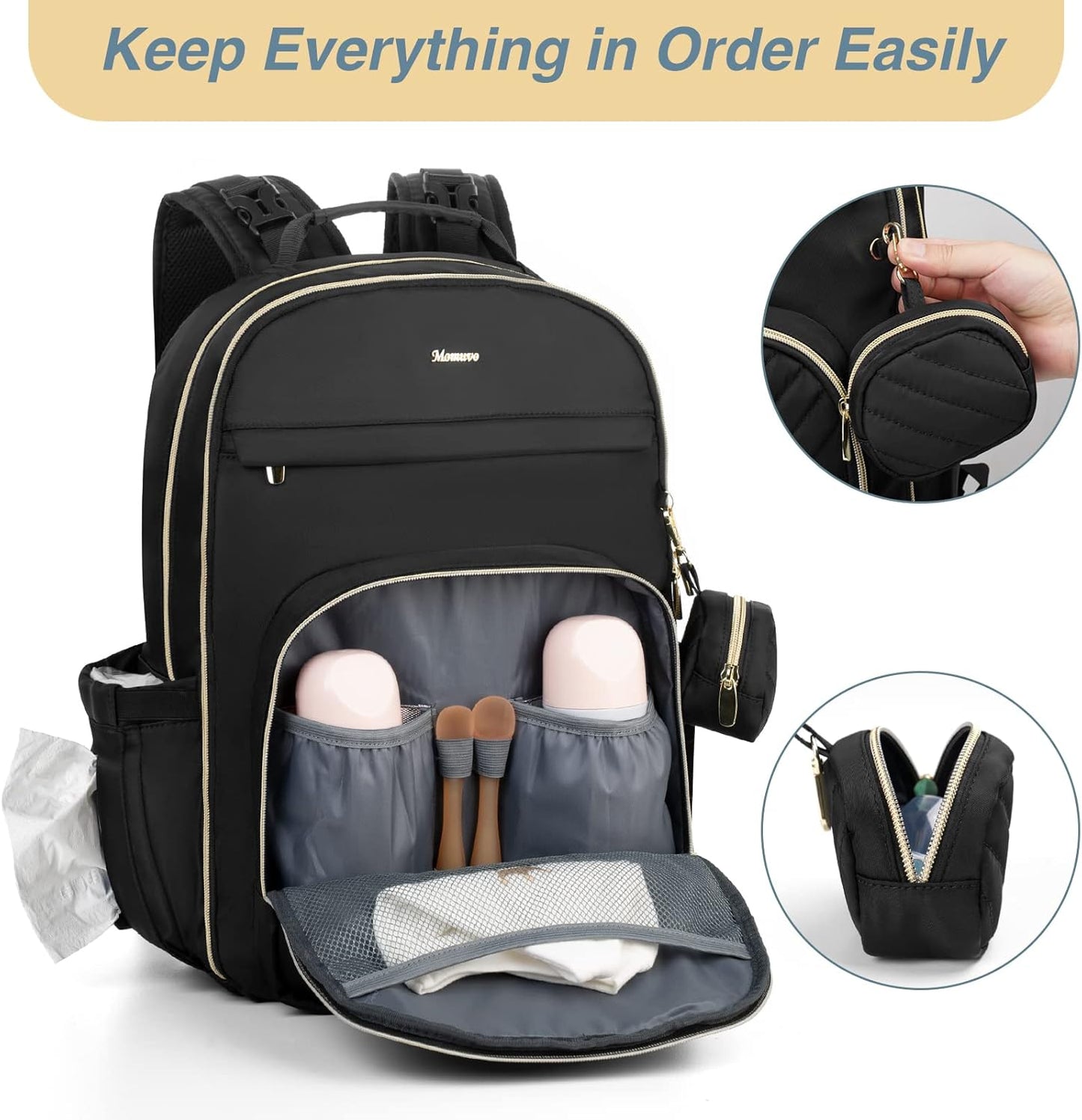 MOMUVO Diaper Bag Backpack, Quilted Baby Bag with Changing Pad & Stroller Straps & Pacifier Case, Large Travel Diaper Bags for Mom Dad, Black