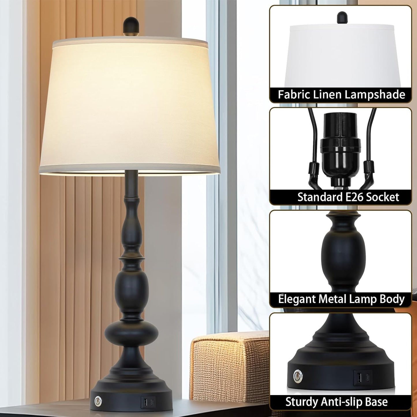 29" Black Modern Table Lamps Set of 2, Industrial Touch Control 3-Way Dimmable Bedside Lamp with USB C+A Ports, Metal Nightstand Lamps for Living Room Bedroom Office Home(2 LED Bulbs Included)