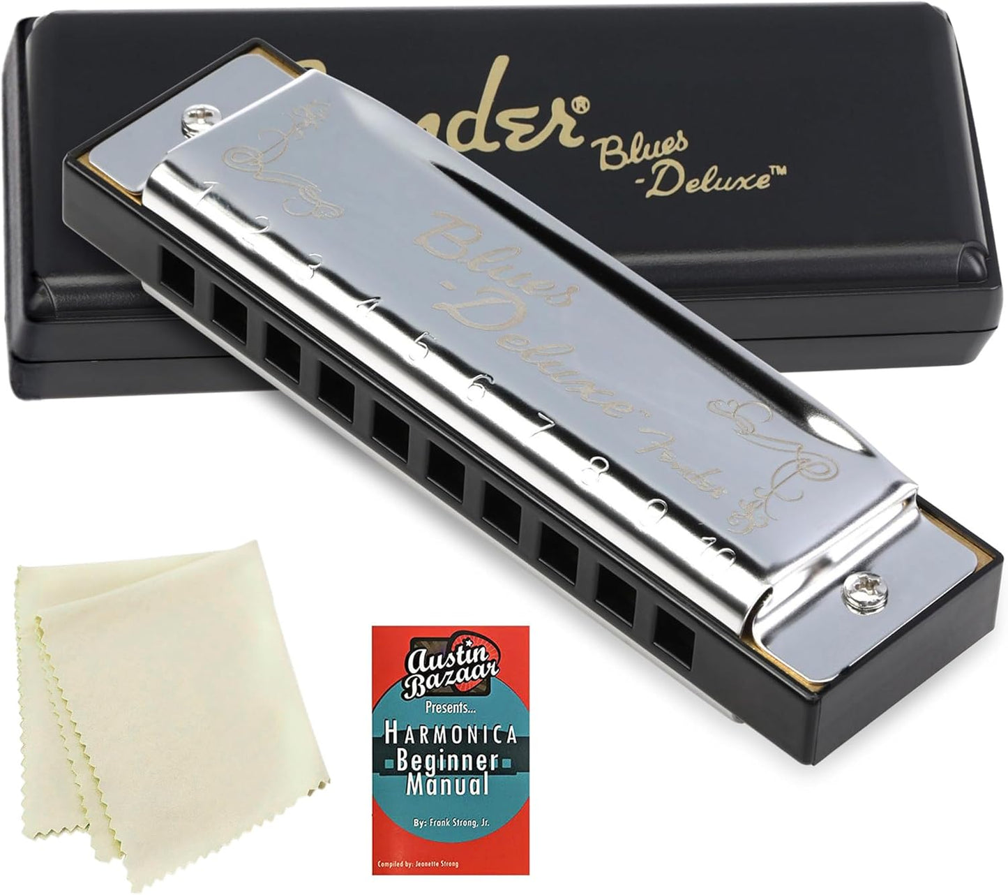 Fender Blues Deluxe Harmonica - Key of A Bundle with Carrying Case, Austin Bazaar Online Manual, and Polishing Cloth