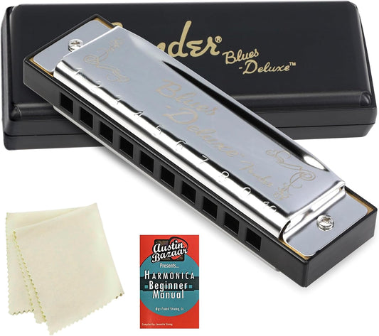 Fender Blues Deluxe Harmonica - Key of F Bundle with Carrying Case, Austin Bazaar Online Manual, and Polishing Cloth