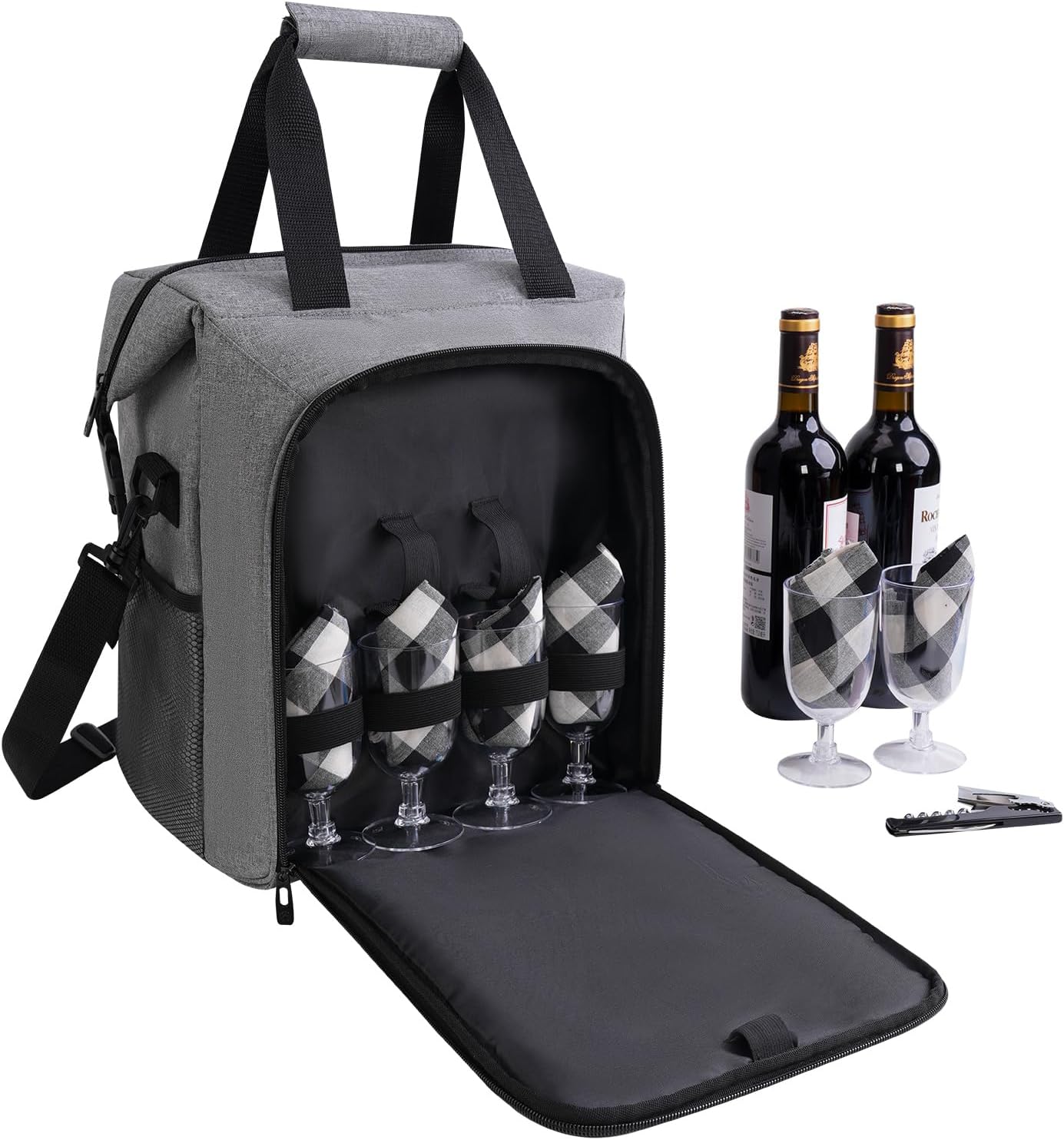 ALLCAMP 6 Bottle Wine Gift Bag - Insulated Tote Cooler, Adjustable Strap, Includes 6 Wine Glasses, Napkins & Corkscrew, Portable Travel Gifting(Gray)