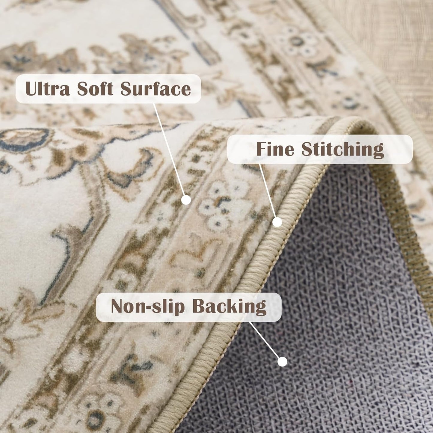 jinchan Round Rug 5ft Area Rug - Indoor Vintage Hallway Circle 5' Washable - Ultra-Thin Low Pile Soft Small Non Slip Distressed Floral Print for Living Room Dining Room Bedroom Entryway Taupe