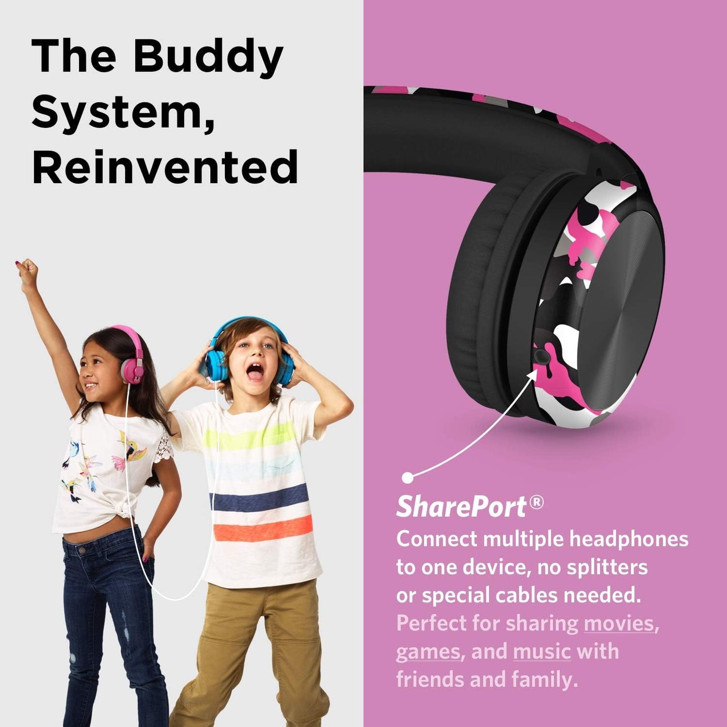 LilGadgets Connect+ Pro Wired Kids Headphones for School w/Microphone, Volume Limiting & Noise Reducing Over-Ear Headset w/Cord, SharePort Technology & SoftTouch Padding, Pink Camo Wired Headphones