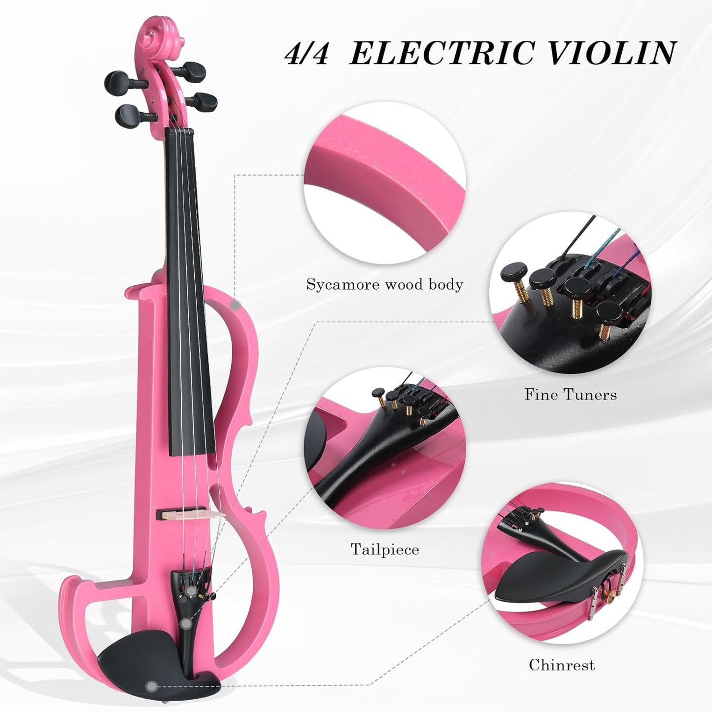 Ktaxon Full Size Electric Violin, 4/4 Acoustic Silent Electric Violin for Beginner Adults Teens with Ebony Fittings, Case, Bow, Headphone, Rosin and Extra String (Pink)