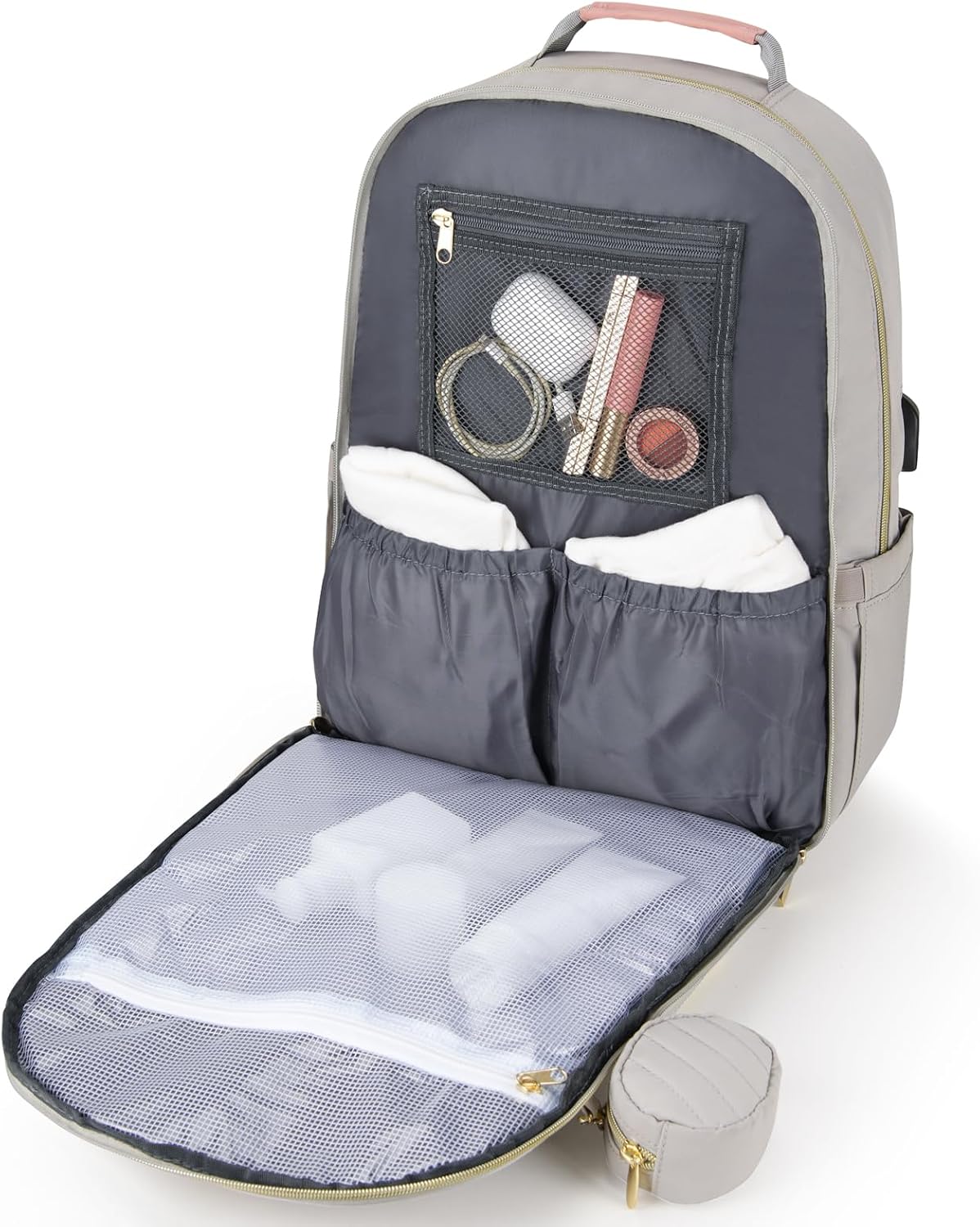 MOMUVO Diaper Bag Backpack, Quilted Baby Bag with Changing Pad and Stroller Straps and Pacifier Case, Multifunction Waterproof Travel Diaper Bags, Unisex, Light Grey and Pink