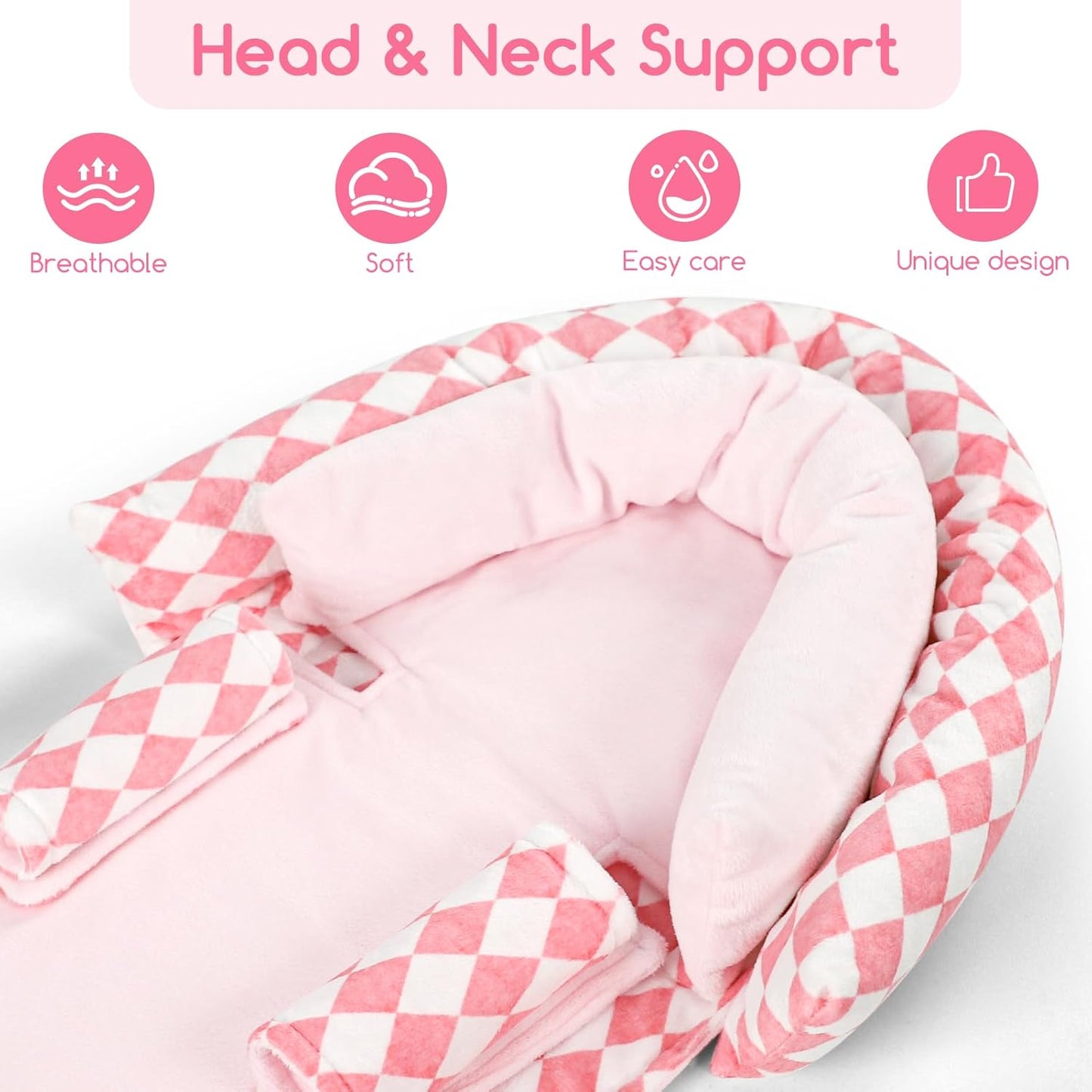 Baby Car Seat Head Support for Newborn, GFU 2 in 1 Infant Car Seat Head Body Support with Strap Pads, Soft Stroller Cushion Pillow Insert for Girls, Fits for Stroller, Swing, Pink