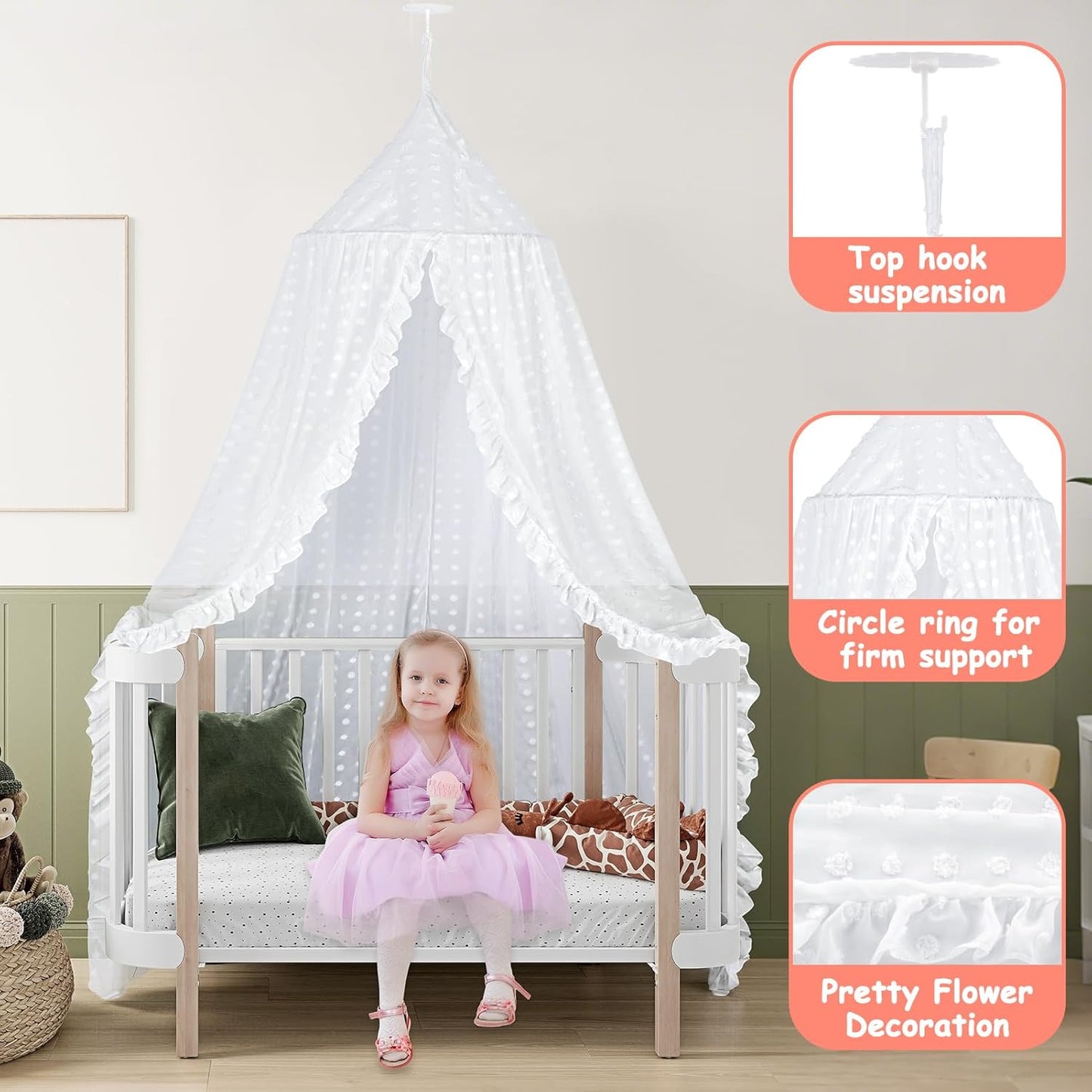 Princess Bed Canopy for Girls - Crib Canopy for Bed - Mosquito Net for Bed, Kids Bed Canopy with Princess Room Decor for Girls Bedroom,Children's Reading Room Decor (White)