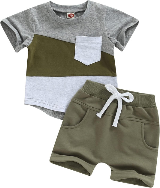 fhutpw Baby Toddler Boy Clothes Summer Outfits 6 12 18 24 Months Patchwork Short Sleeve T Shirt & Shorts Sets with Pockets
