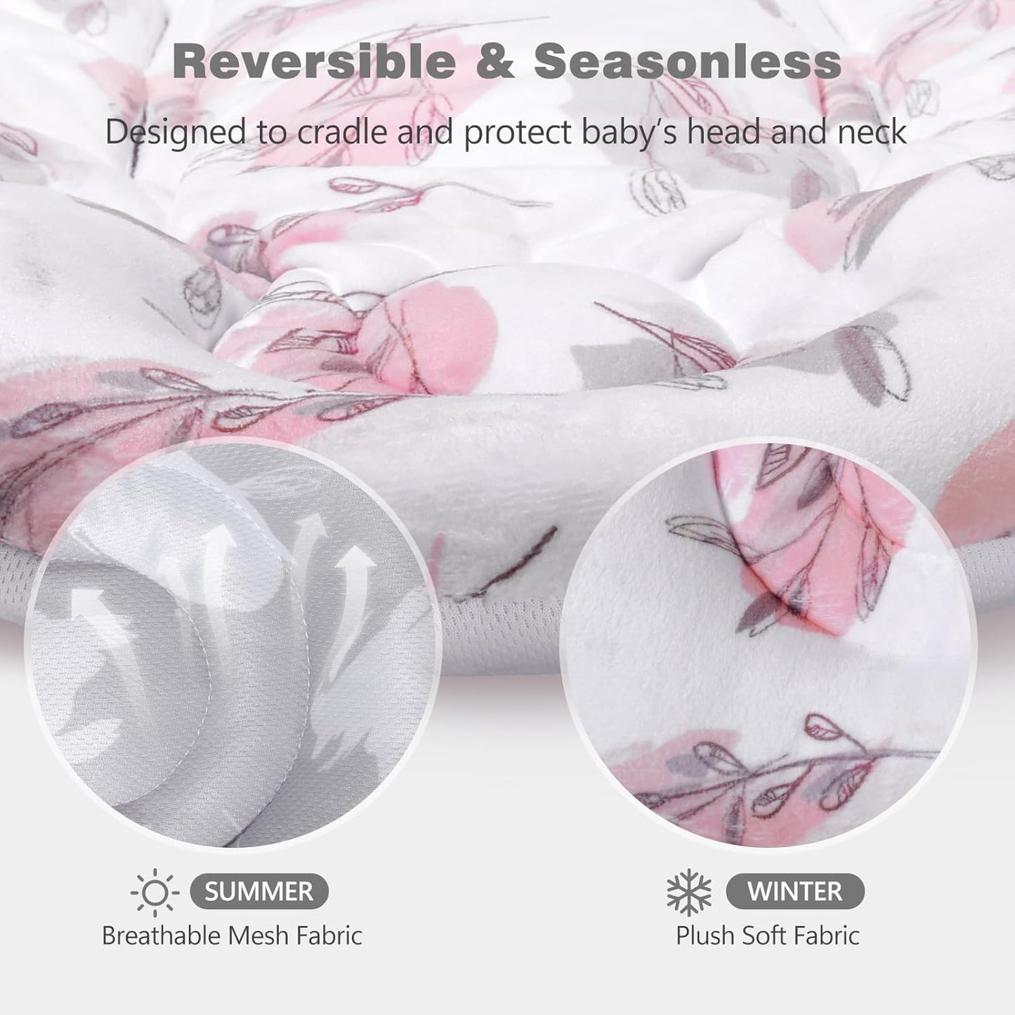 Upgraded Infant Car Seat Insert, 2-in-1 Reversible Baby Car Seat Head Support with 3 Strap Covers, All Seasons Newborn Car Seat Insert and Baby Carseat Cushion for Stroller, Swing, Rocker, Bassinets