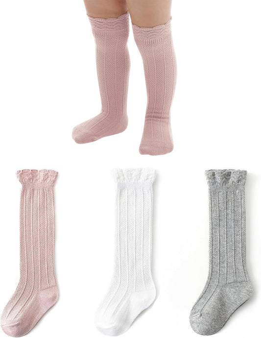 Zando Baby Knee High Socks - Infant to Toddler, Cotton Ruffle Socks, Warm Girls & Boys Long Stockings, 3-6 Pairs