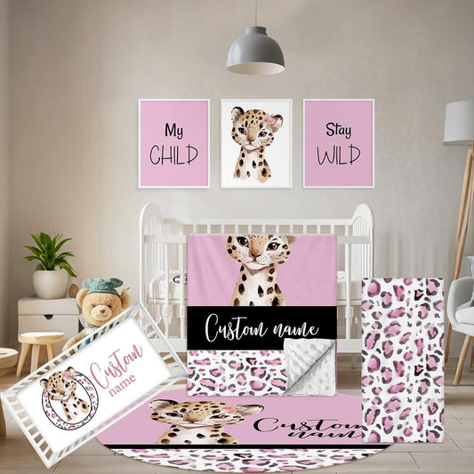 Personalized Baby Bedding Set, 5 Pcs Custom Baby Crib Sets with Name, Toddler Bedding Set for Baby Girls, Pink Leopard Double Layer Nursery Bedding Set, Customized Gifts for Infants Kids