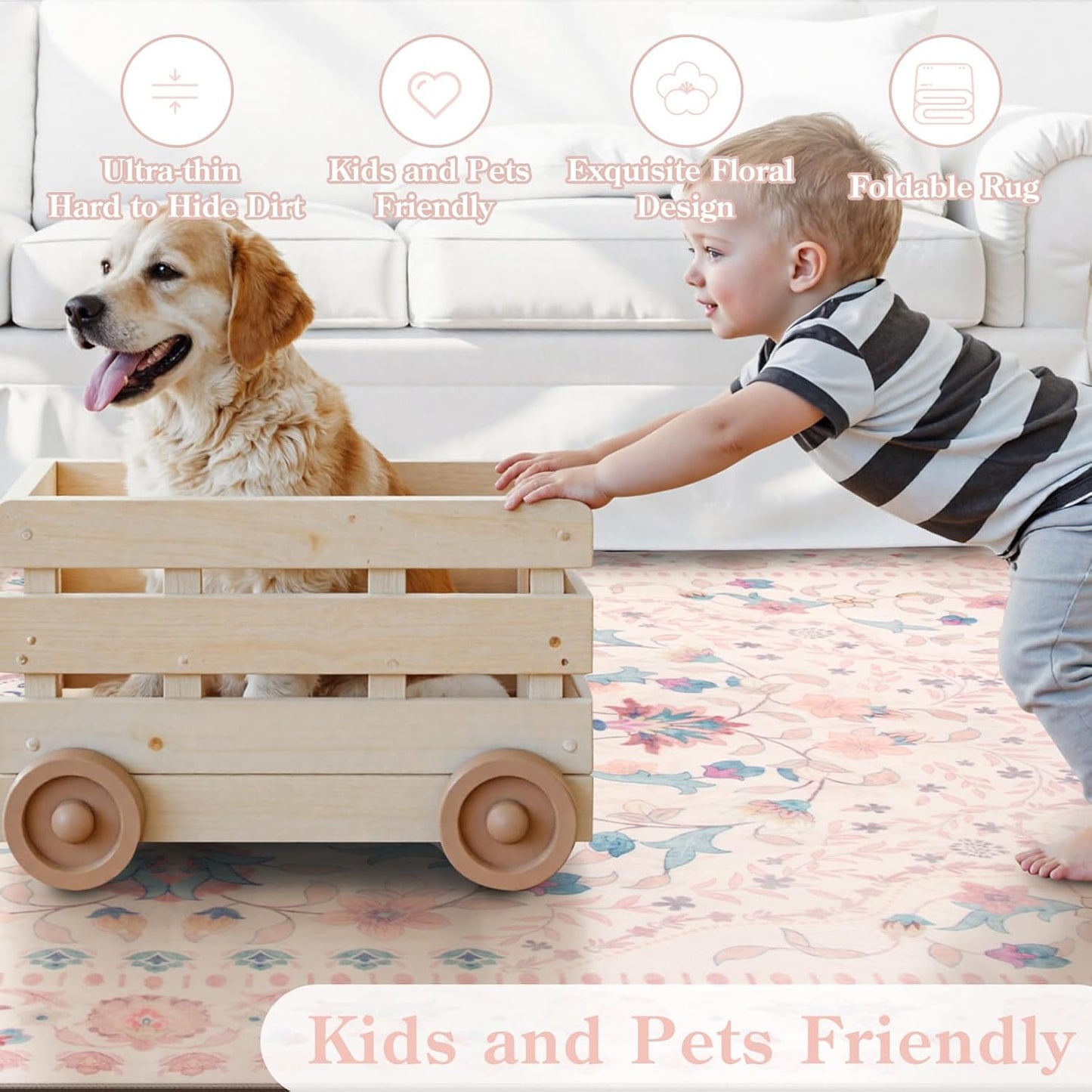 Wonnitar Boho Floral 8x10 Pink Area Rug, Washable Kids Rugs for Bedroom, Large Ultra-Thin Soft Non Slip Carpet for Nursery Living Room Playroom Classroom, Pastel Pink