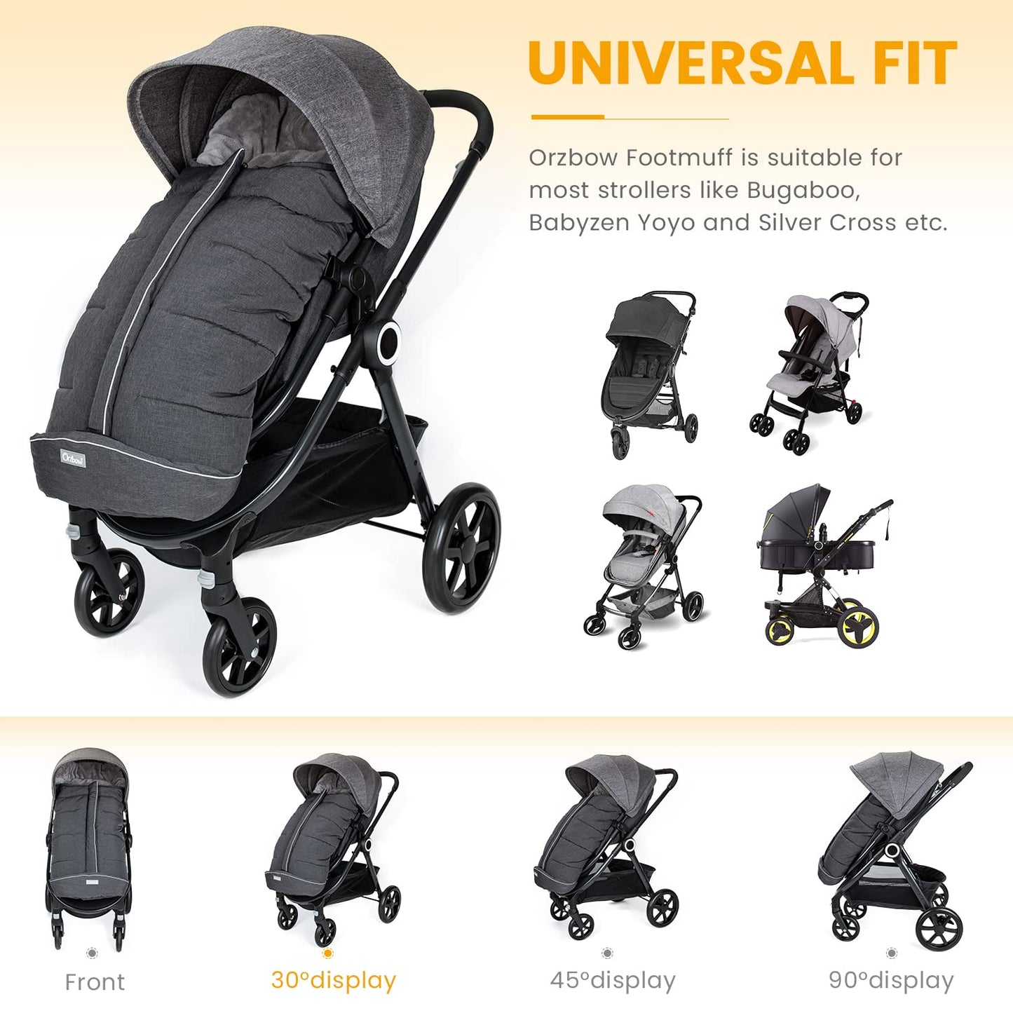 Orzbow Universal Stroller Footmuff, Winter Warm Baby Bunting Bag for Stroller - Cold Weather Zipper Strollers Sleeping Bag, Water-Repellent, Winter Essentials Must Have for Toddler Kids, Dark Grey