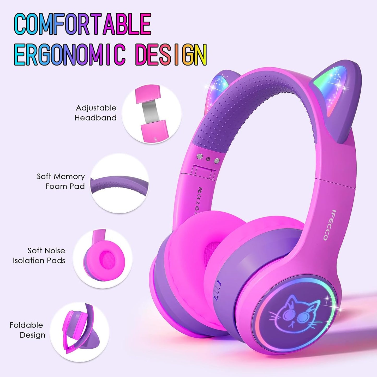 IFECCO Wireless Kids Headphones with Microphone,Foldable Cute Light Up Cat Ear Children Girls Bluetooth Headphones with Case for School Gifts Travel