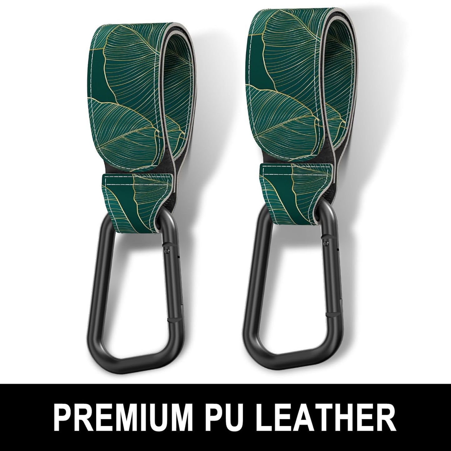 Baby Stroller Hooks for Hanging Bags, Universal Stroller Clips Accessories, Mommy Hook for Diaper Bag, Shopping Cart, Purse, Backpack - 2 Pack, Green Leaf