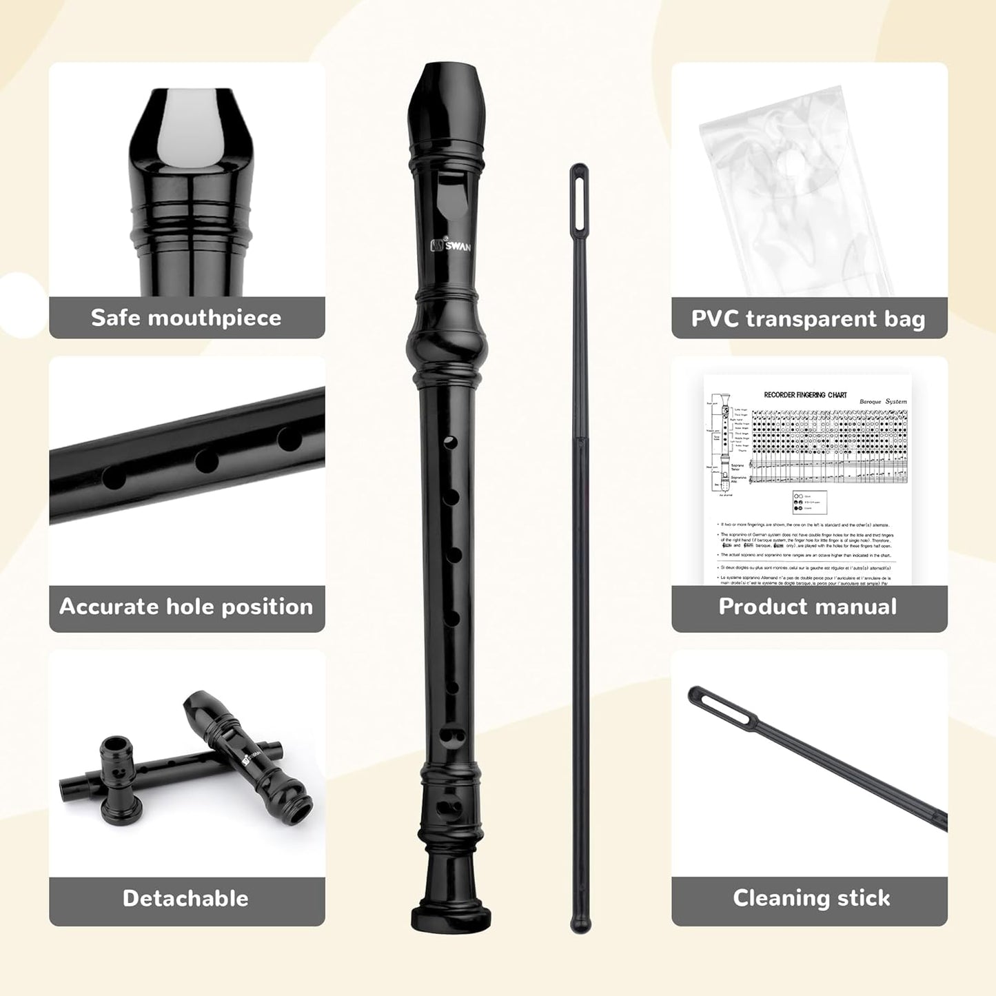 SWAN Soprano Recorder Instrument for Beginners Kids Student - German Fingering 8 Hole Flute Descant Recorders with Cleaning Rod Fingering Chart, Black
