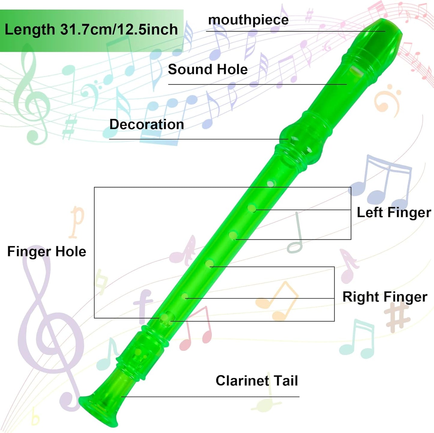 SANNIX 4 Pack 8 Hole Plastic Soprano Descant Recorder Instrument for Kids Beginner Eastar Recorder With Cleaning Rod, Instruction and Storage Bag, German Style (Clear Green)