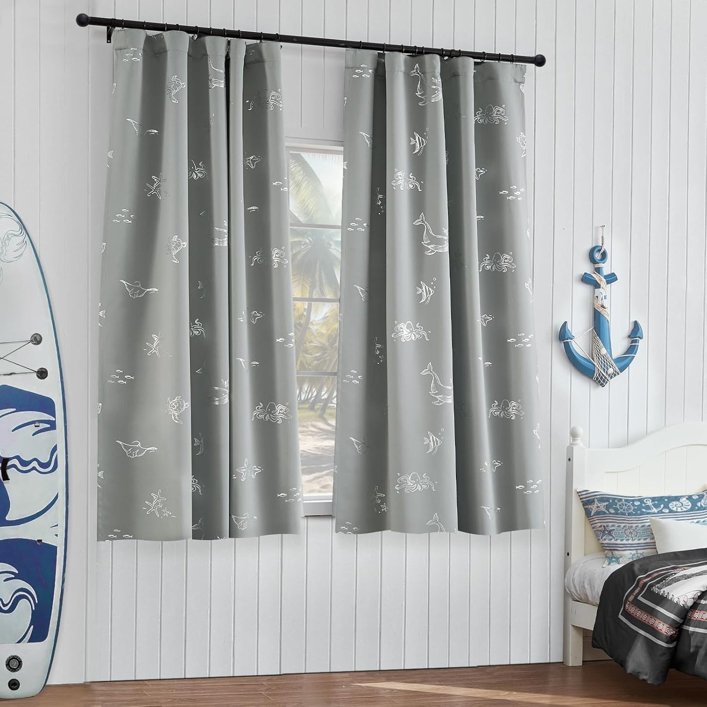 Vangao Kids Curtains for Boys Bedroom Kids Blackout Curtains 63 Inch Length Ocean Aquarium Nursery Drapes for Girls Bedroom Silver Sea Animals Print Thermal Insulated Drapes, Grey 2 Panels