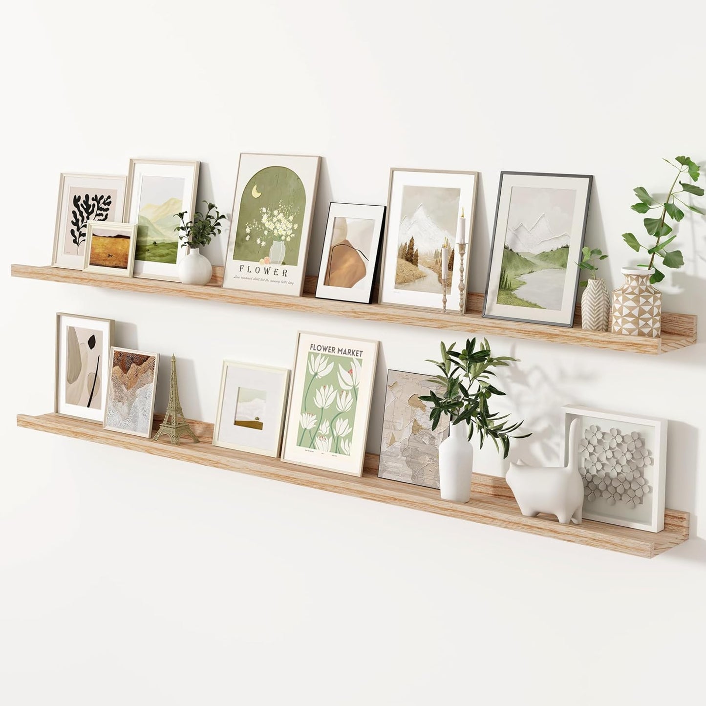 Fun Memories 72 Inch Floating Shelves for Wall with Lip, Natural Wood Long Picture Shelves Photo Shelf with Ledge, Rustic Wall Mounted Long Shelves for Home Decor & Storage, Set of 2