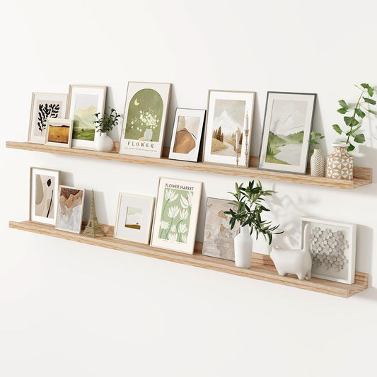 Fun Memories 72 Inch Floating Shelves for Wall with Lip, Natural Wood Long Picture Shelves Photo Shelf with Ledge, Rustic Wall Mounted Long Shelves for Home Decor & Storage, Set of 2