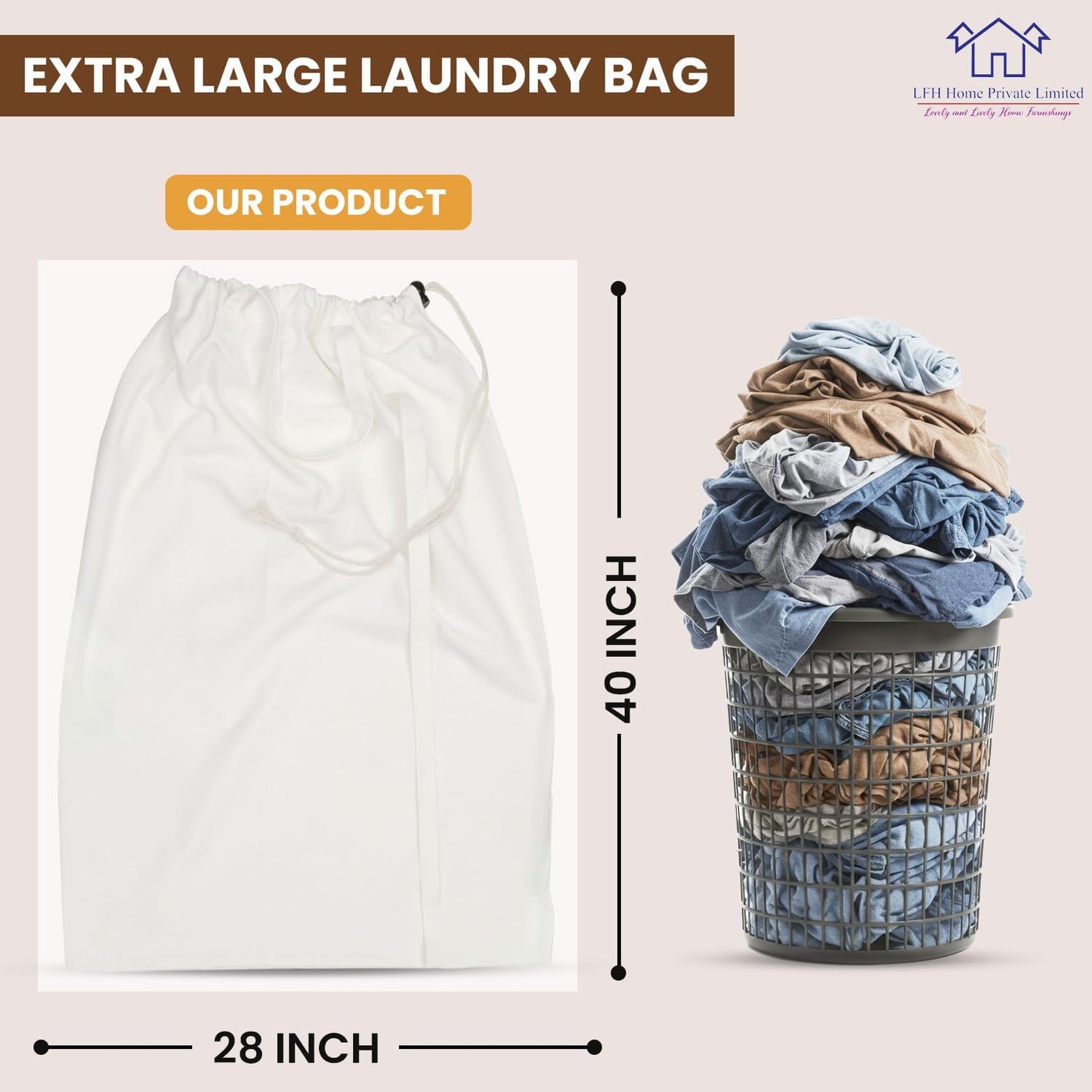 LFH Home Cotton Canvas Extra Large Laundry Bag with Handle, Heavy Duty Drawstring Closure Washable Laundry Bags School Travel, Home, Hotel, College Dorm, Organizer Sack, Toys Clothes 28x40-White