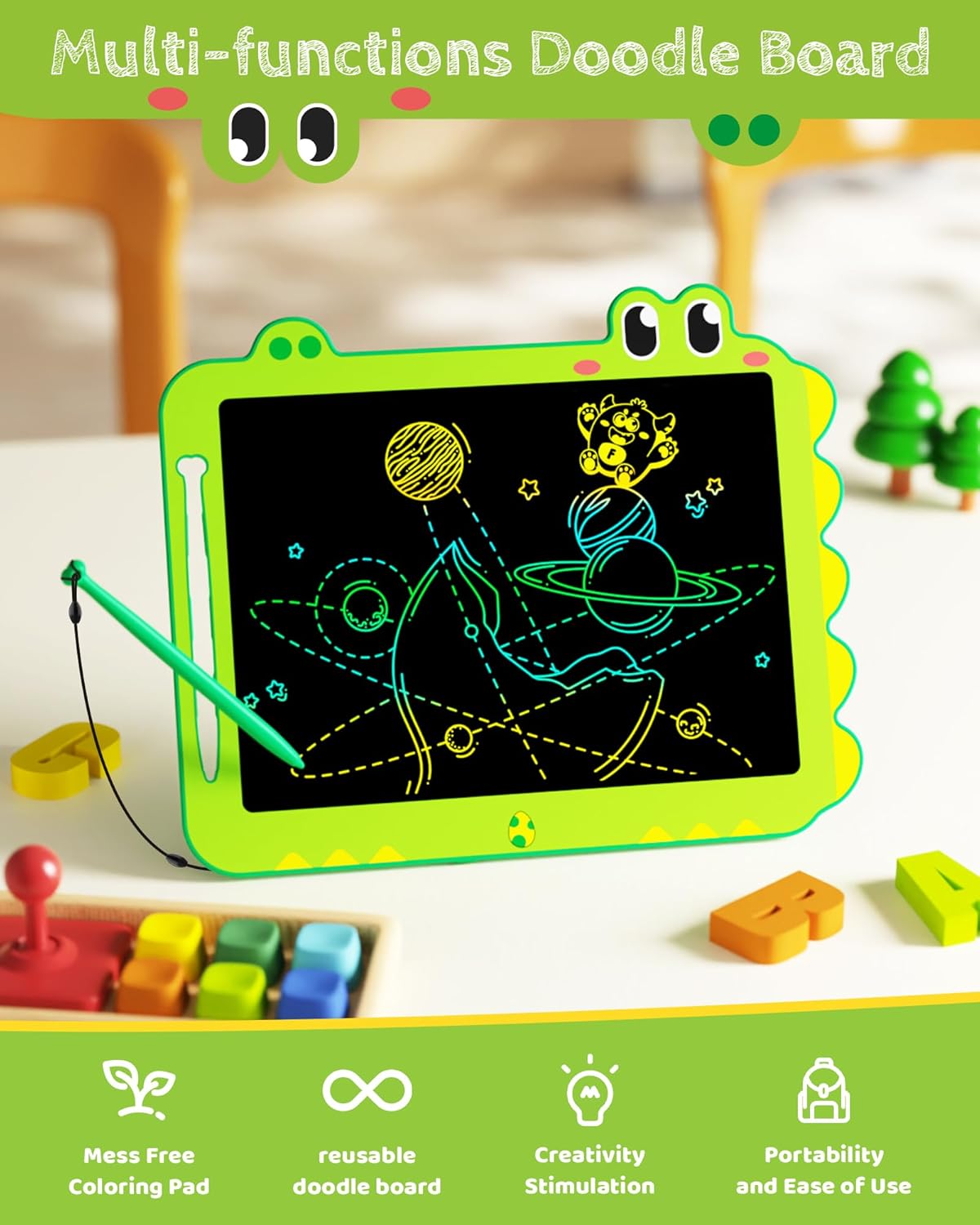 TEKFUN LCD Writing Tablet for Kids, 12 Inch Doodle Board for Toddler, Colorful Drawing Tablet, Reusable Electronic Pads Educational and Learning Toys Gifts for 3-13 Years Old Boys and Girls (Green)