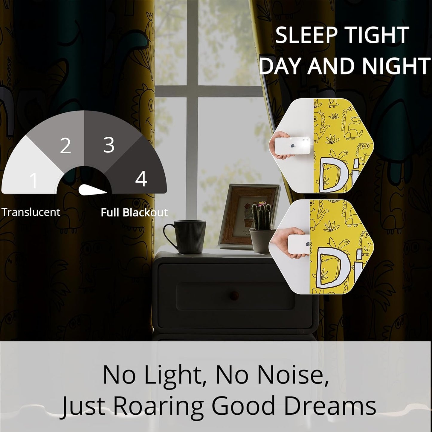 Dinosaur Blackout Curtains for Kids Room - 2 Panels, Each W52×L84, 100% Blackout, Thermal Insulated, Noise Reducing, Perfect for Kids Room and Nersury