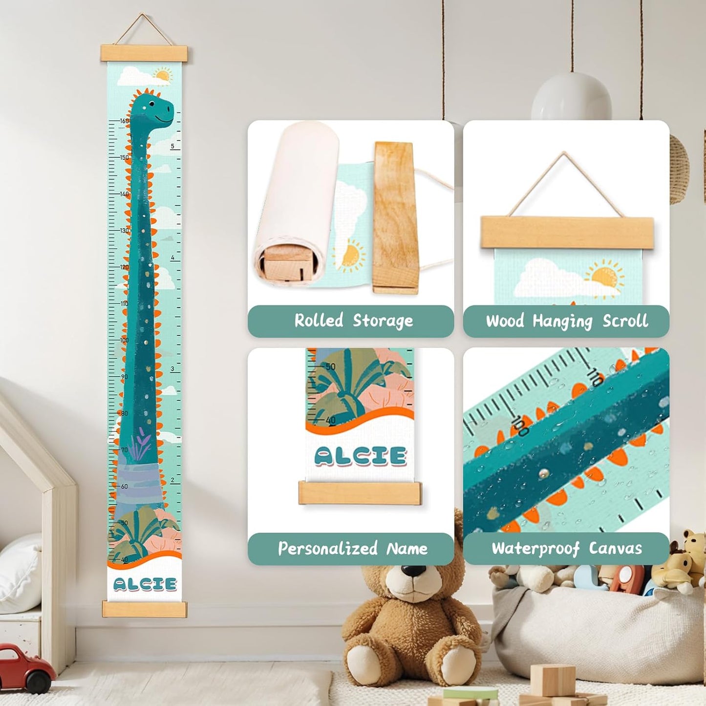 Personalized Name Growth Chart for Kids, Cute Dinosaur Baby Height Chart, Canvas Height Measuring Rulers for Boys Girls, Nursery Decor Baby Boy Girl Growth Ruler Measuring Board