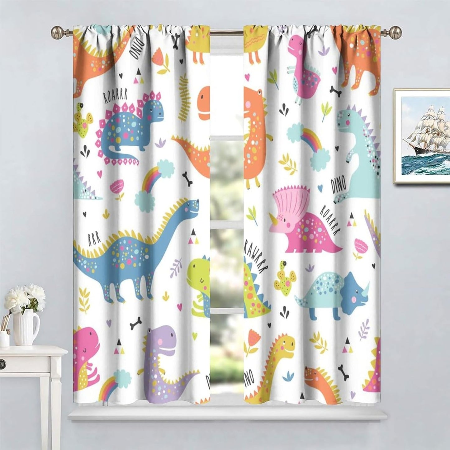 Cartoon Dinosaur Curtains for Kids Boys Girls Home Decor Childish Cute Dino Animals Print Pattern Rod Pocket Blackout Window Drapes for Nursery Baby Bedroom Playroom W42xL84in 2 Panels