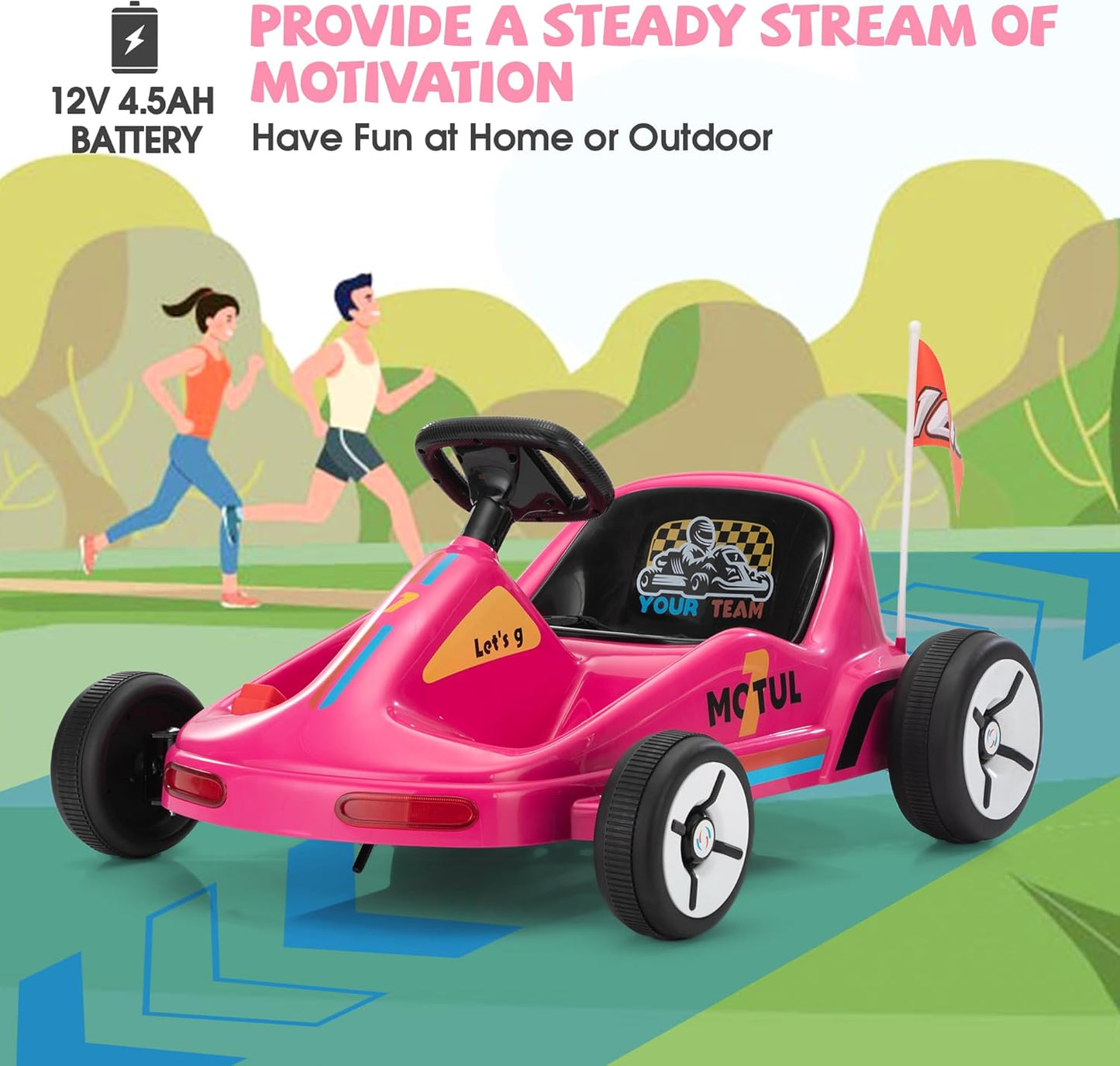 TOBBI 12V Electric Go Kart for Kids Battery Powered Ride on Car Outdoor Race Toy with Remote Control, Safety Belt, Music, LED Lights and Flags for Toddlers 3-8 Years, Pink