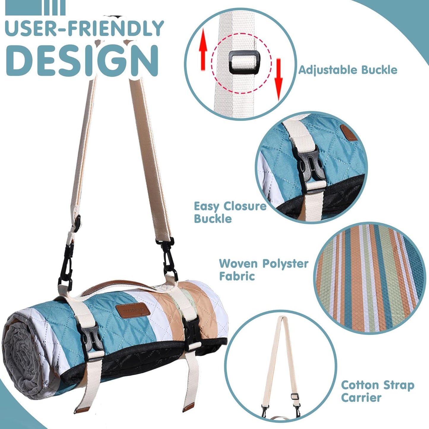 Waterproof Picnic Blanket 80" x 80" in Portable with Carry Strap for Beach Mat or Family Outdoor Camping Party, Park Blanket for Grass Park, Hiking, Travel, Concerts (Crystal Blue & Orange, 80" x 80")