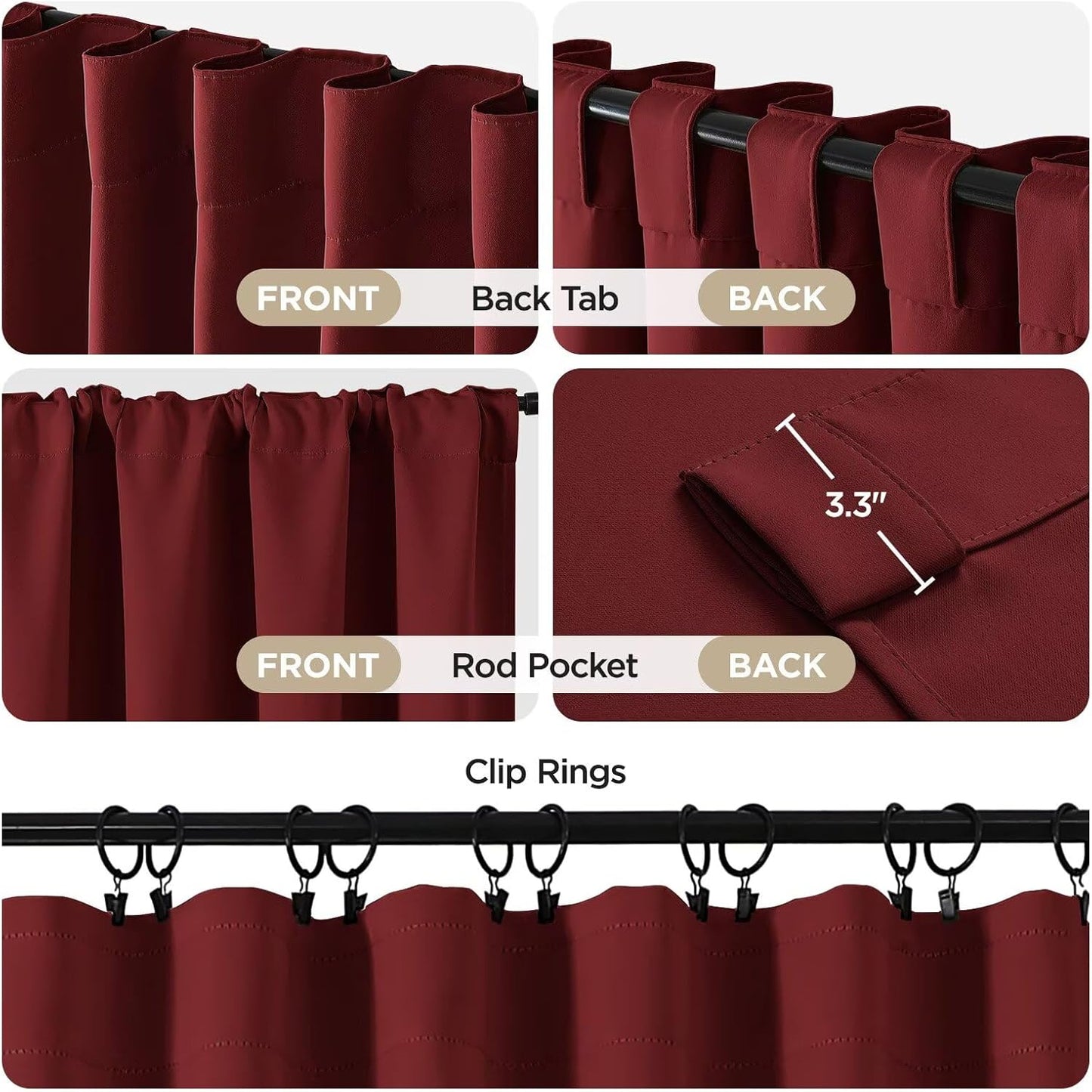 Joydeco 72 Inch Blackout Curtains for Bedroom, Thermal Insulated Black Out Curtains, Room Darkening Drapes for Living Room Window Rod Pocket Back Tab (W52 x L72 Inch, Burgundy Red)