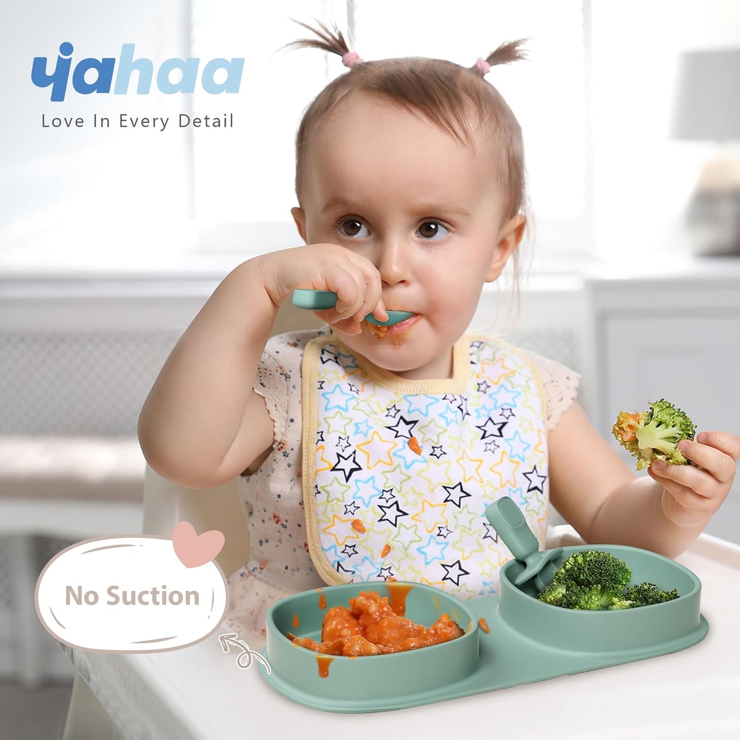 Silicone Foldable Novelty Dinner Plates,Baby Plates Travel Essential with Forks and Spoons,Microwave & Dishwasher Safe,Sage