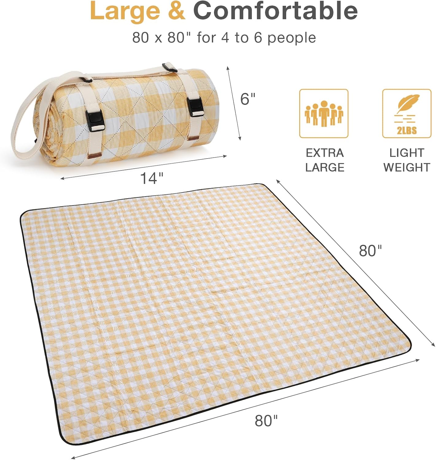 Picnic Blanket, 80''x80'' Waterproof Outdoor Blankets, Picnic Mat Washable for Beach, Picnic Blankets for Camping on Grass with Shoulder Strap - Yellow & White