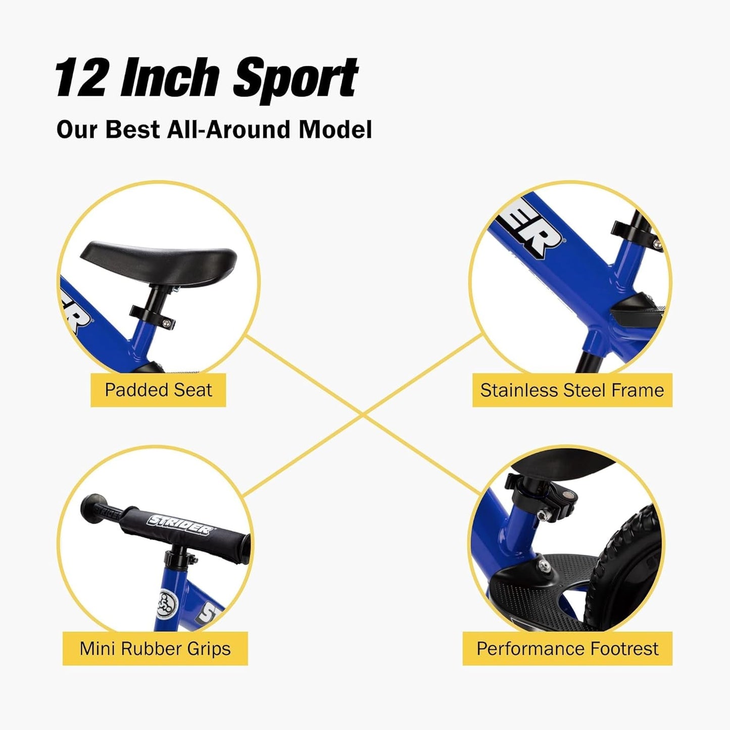 Strider 12” Sport Bike - No Pedal Balance Bicycle for Kids 1 to 4 Years - Includes Safety Pad, Padded Seat, Mini Grips & Flat-Free Tires - Tool-Free Assembly & Adjustments