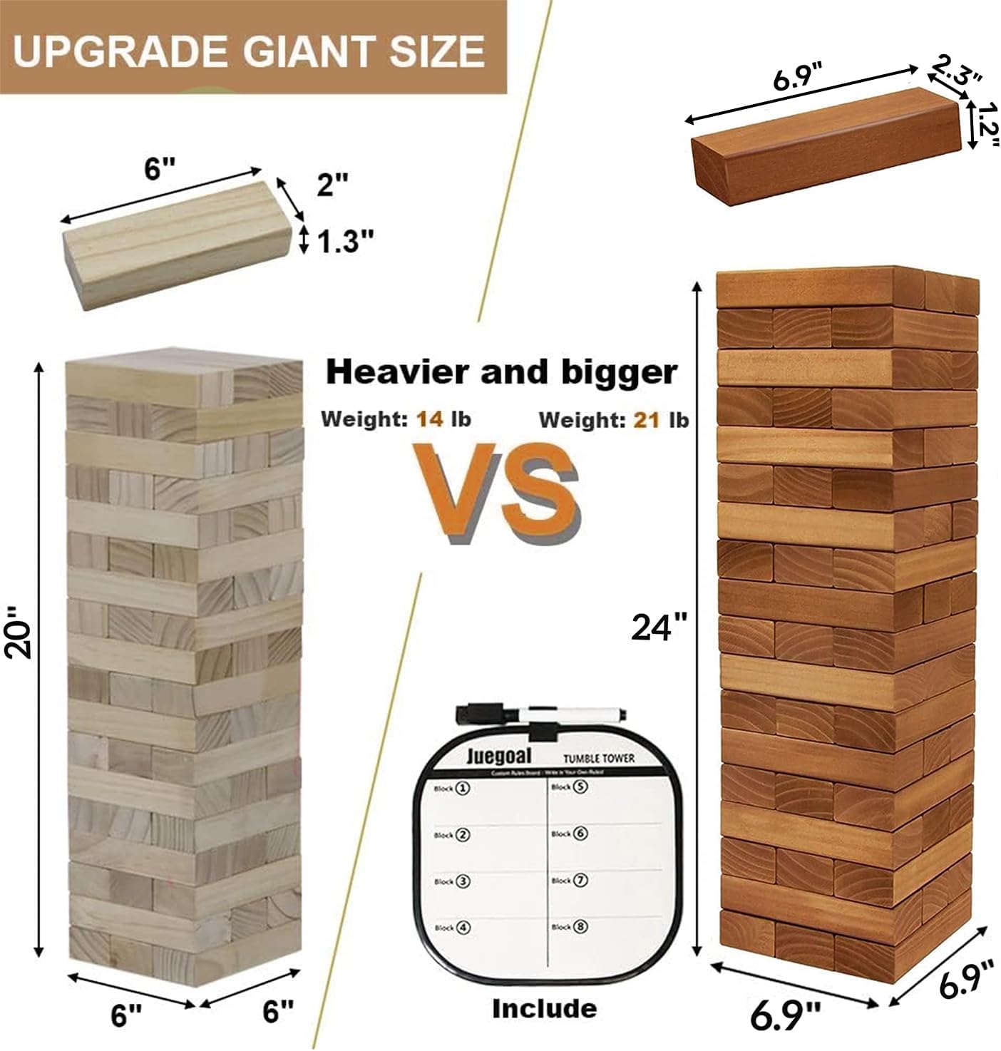 Juegoal 54 Piece Giant Tumble Tower Brown for Adult Kids Family, Wooden Block Stacking Game with Gameboard & Canvas Bag, Outdoor Games for Backyard Lawn Party Playing, 6.9 x 6.9 x 24 Inches,X-Large