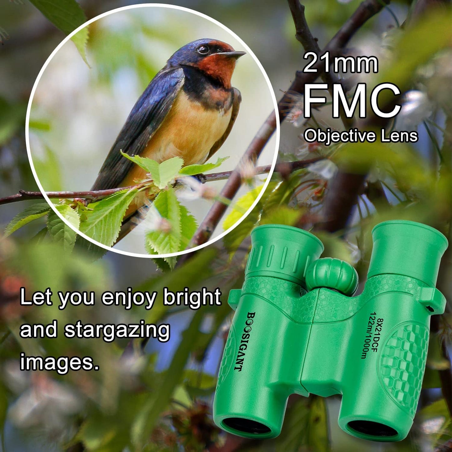 Binoculars for Kids 8x21, Gift for 3-12 Years Boys & Girls, Compact Kids Binoculars High-Resolution Shockproof Mini Binoculars for Bird Watching, Hiking, Camping, Travel Green 301