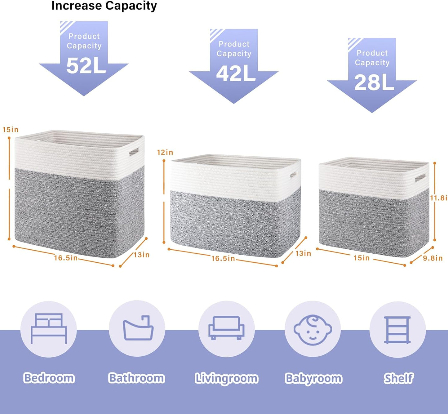 OIAHOMY Storage baskets for Shelf, Toy Storage Basket, Large Collapsible Storage Bins, Blanket Basket Living Room, Closet Storage for Bedroom, 16.5 x 13 x 15 Inches-Pack of 2-Grey